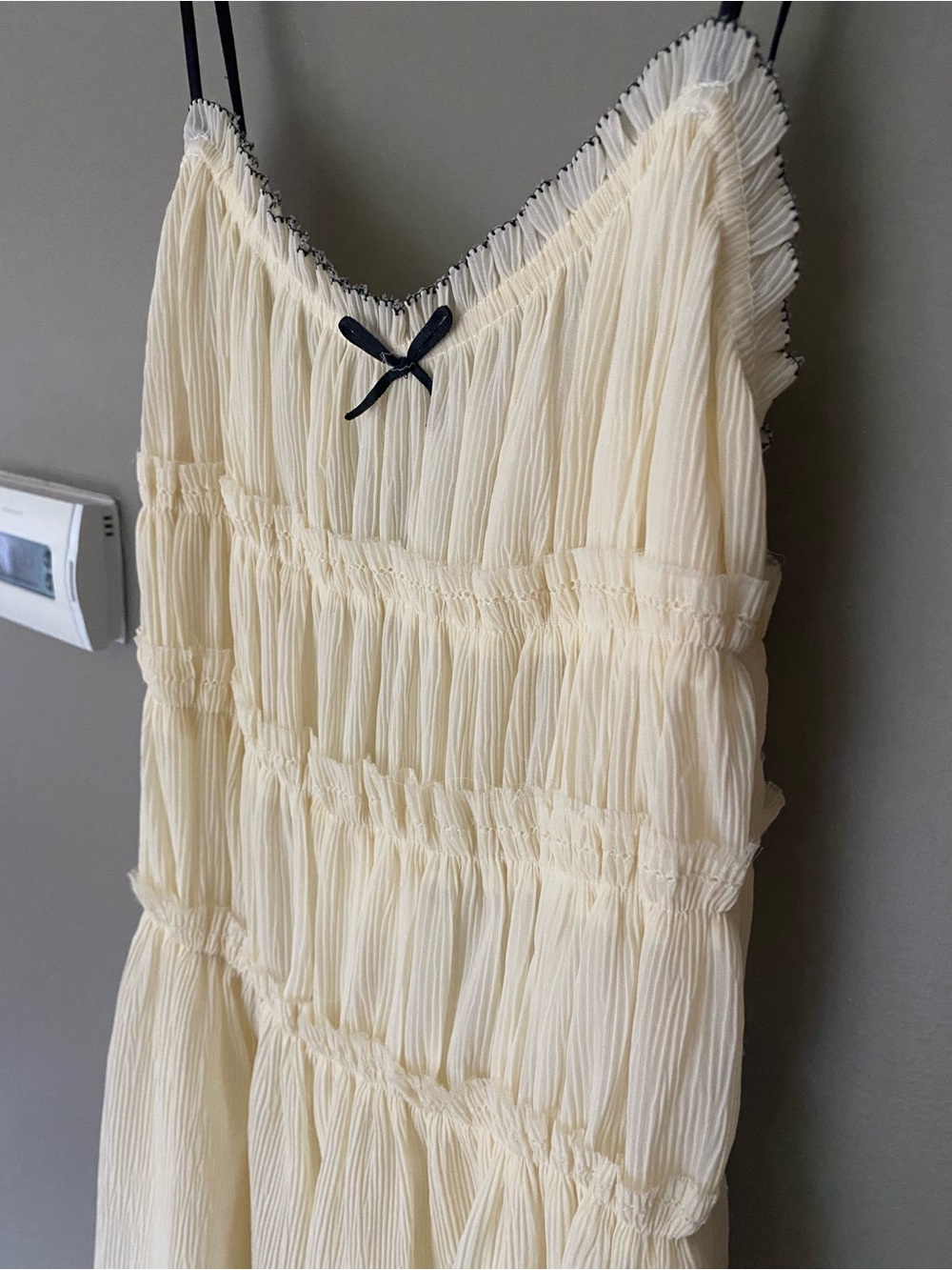 NWT ZARA Cream Ruched Babydoll Mini Dress Black Bow Cami Coquette Romantic Small - Picture 4 of 7